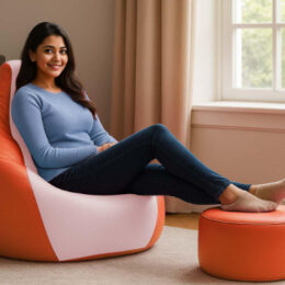 Cozy Orange and White Multi Colour Bean Bag with Round Modo Combo Offer