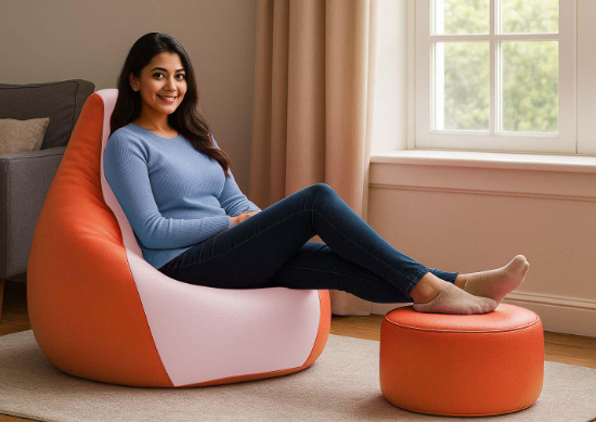 Cozy Orange and White Multi Colour Bean Bag with Round Modo Combo Offer
