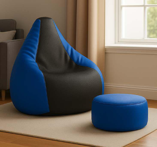 Cozy Royal Blue and Black Multi Colour Bean Bag with Round Modo Combo Offer