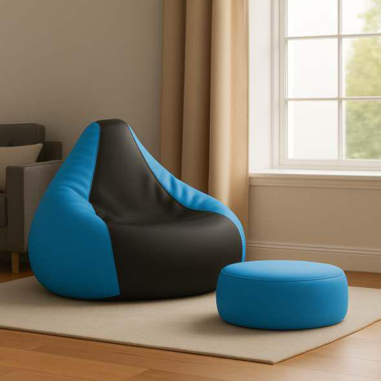 Cozy Sky Blue & Black Multi Colour Bean Bag & Round Modo Combo Offer