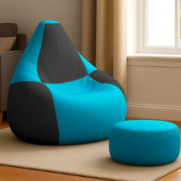 Cozy Checkers Sky Blue & Black Dual Colour Bean Bag with matching Round Moda footrest combo offer.