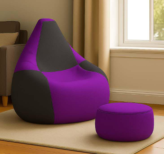 Cozy Checkers Purple & Black Dual Colour Bean Bag with matching Round Moda footrest combo offer.